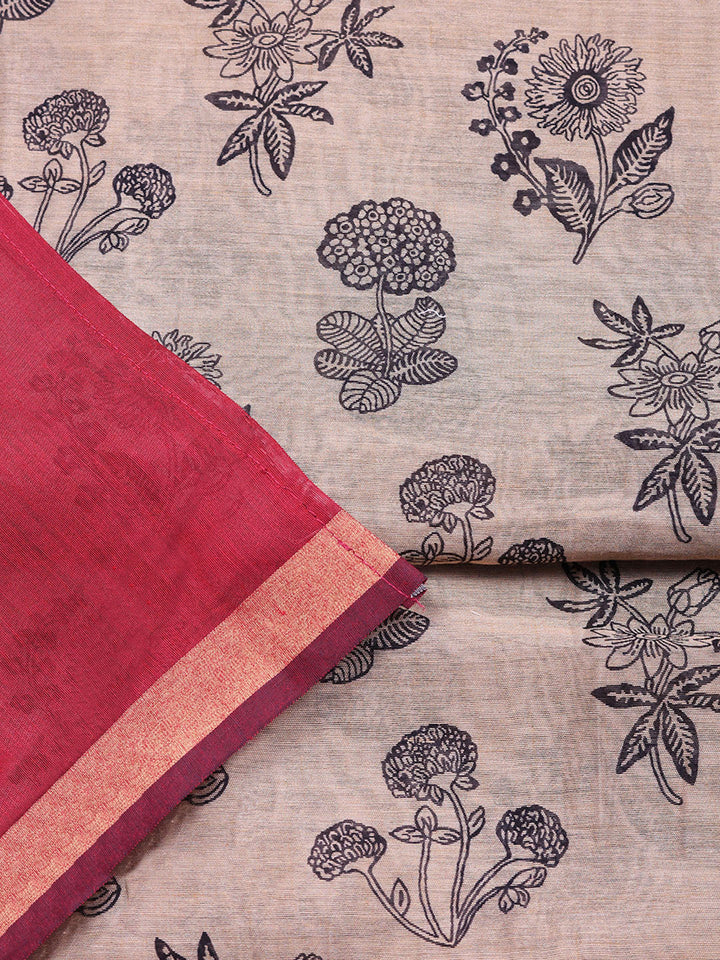 Printed Chanderi Unstitched Suit With Pant &amp; Dupatta