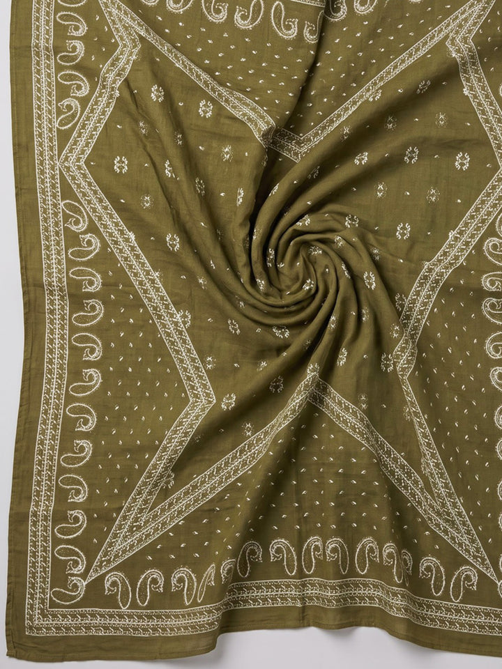 Mehndi Printed Cotton Blend Kurta With Pant &amp; Dupatta