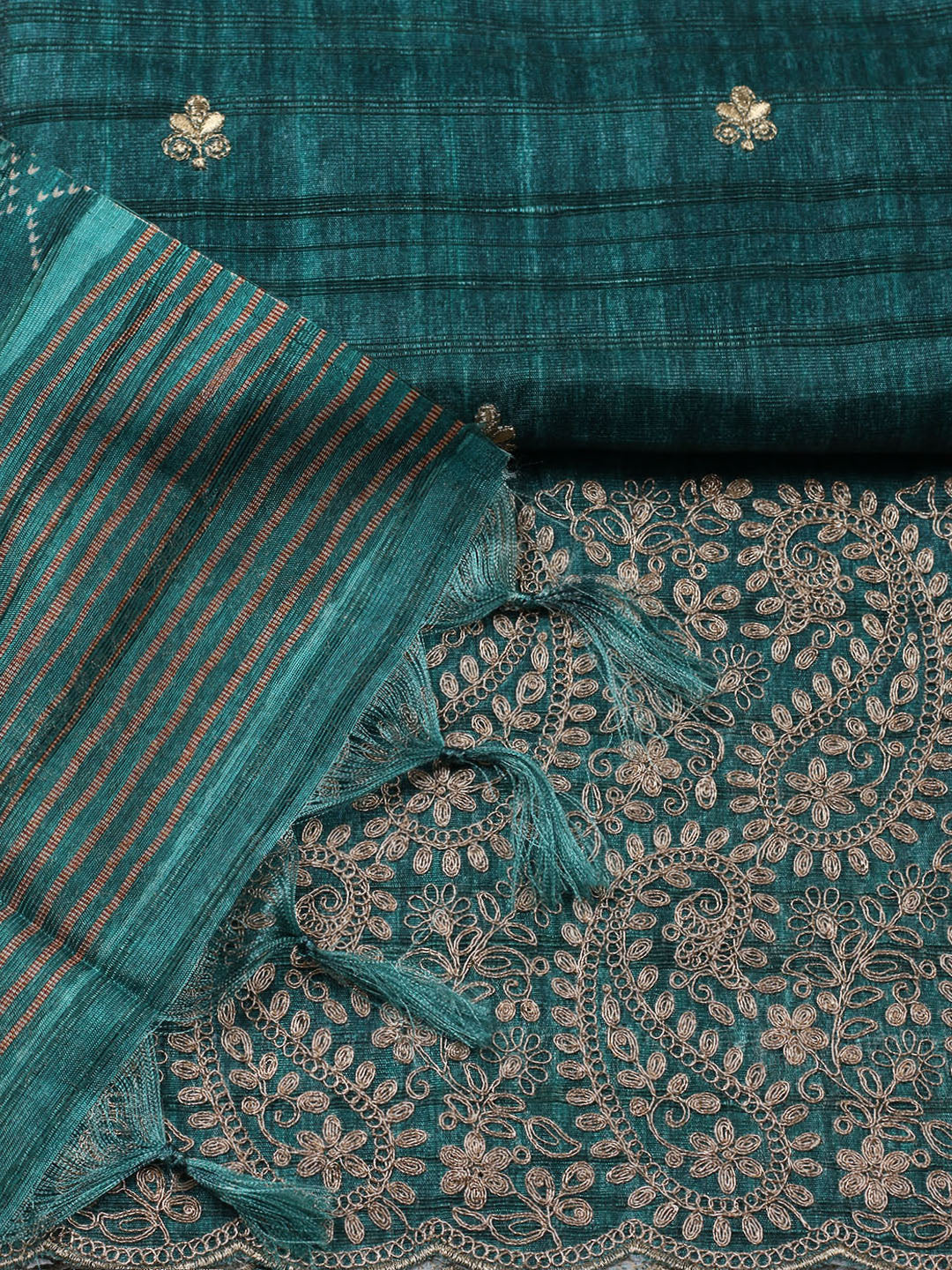 Embroidered Tussar Unstitched Suit With Pant &amp; Dupatta