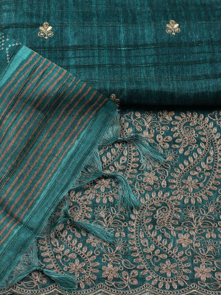 Embroidered Tussar Unstitched Suit With Pant &amp; Dupatta