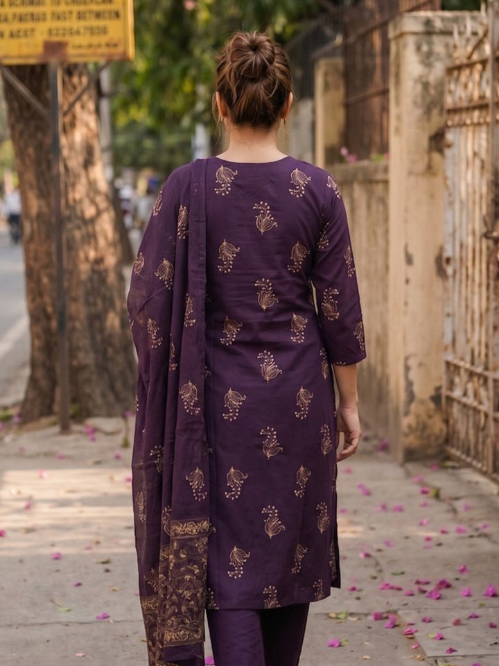 Neck Embroidered Cotton Blend Kurta With Pant &amp; Dupatta