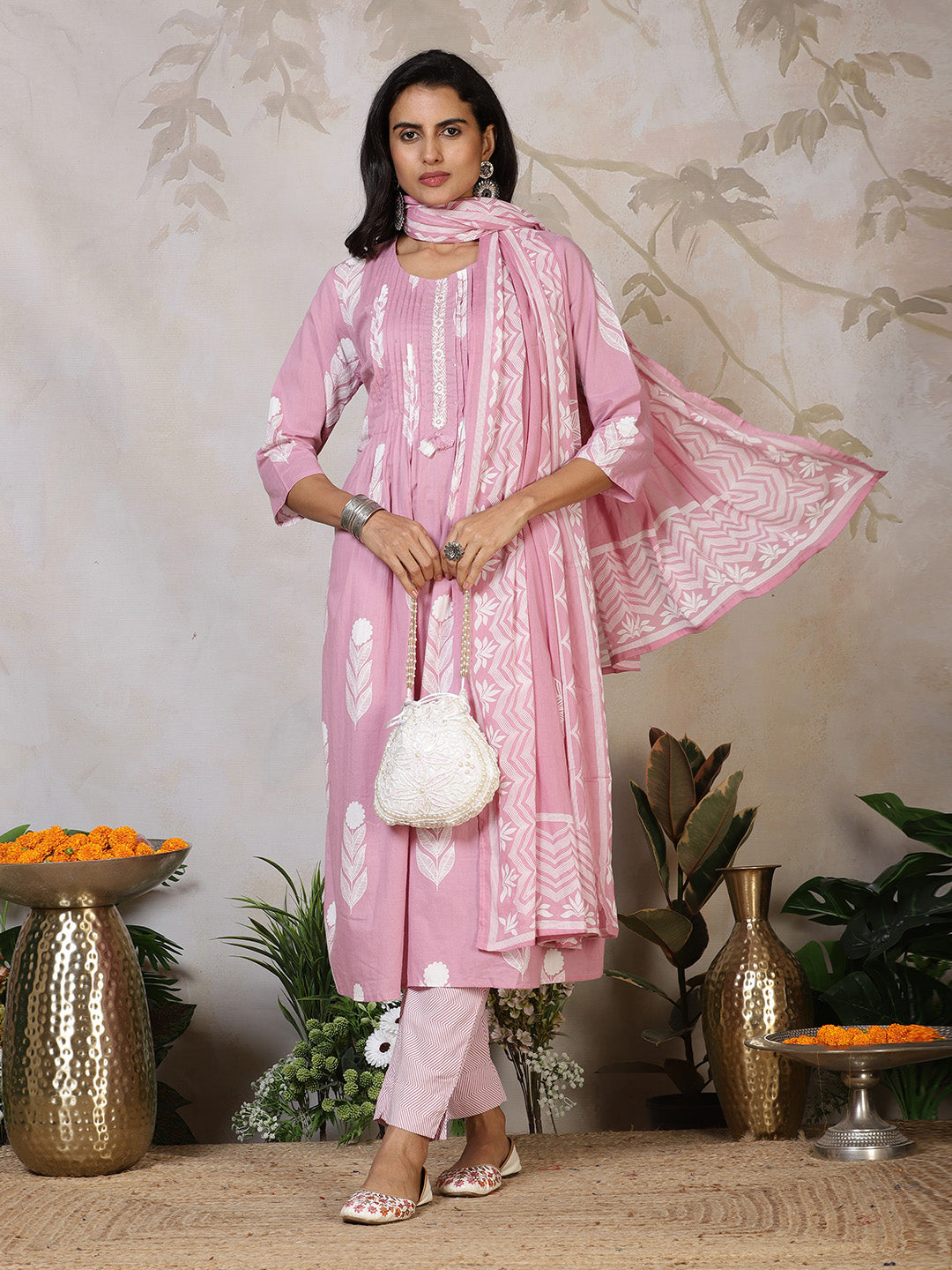 Printed Cotton Blend Kurta With Pants & Dupatta