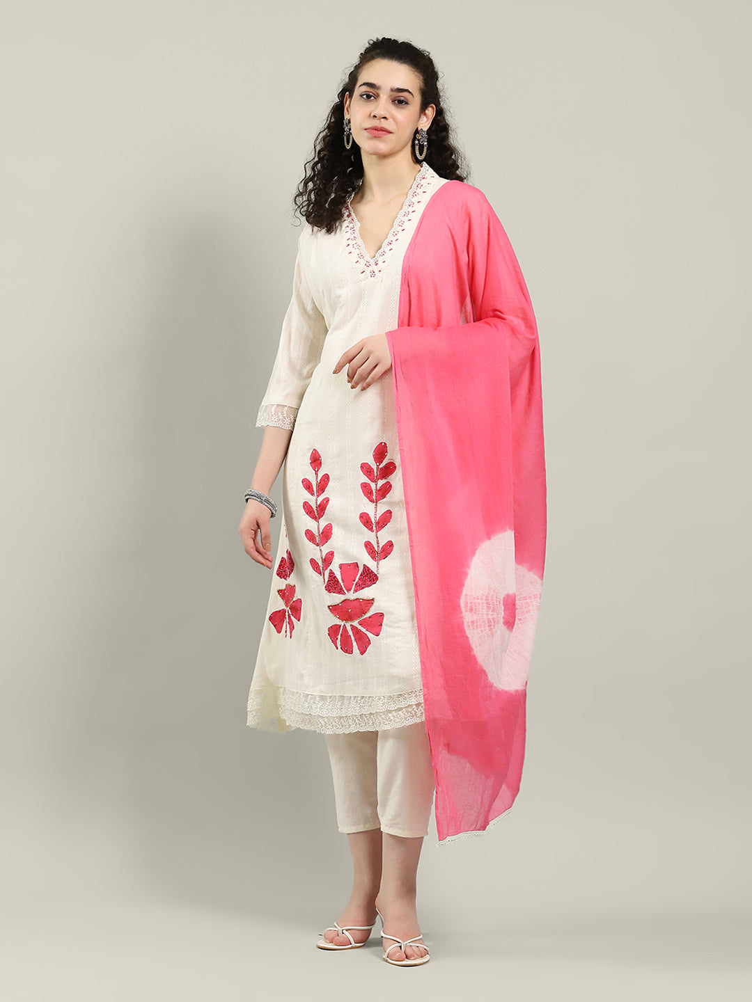 Neck Embroidered Cotton Blend Kurta With Pants & Dupatta