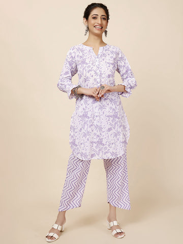 Floral Printed Cotton Kurti With Pants