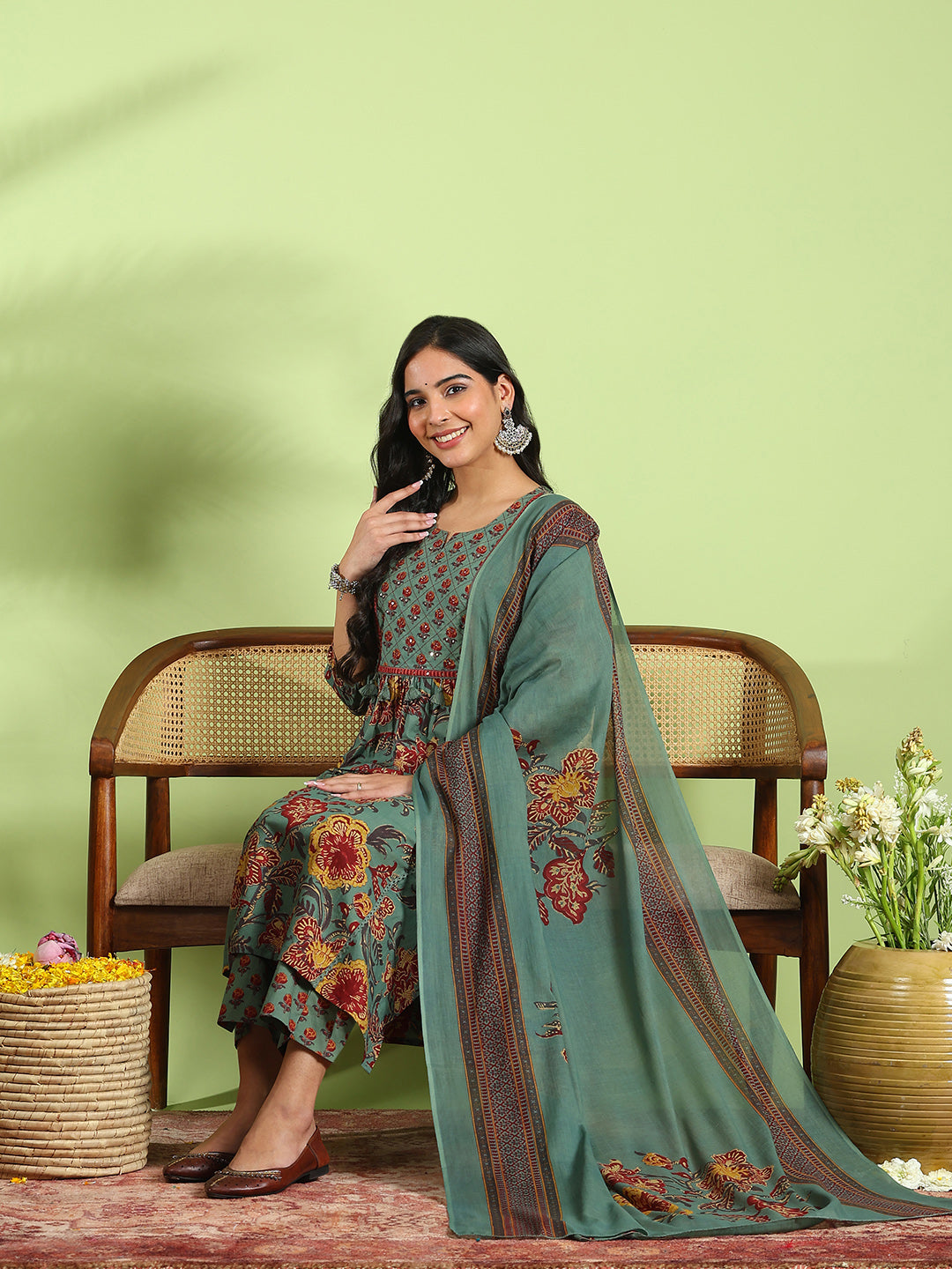 Printed Cotton Kurta With Pant &amp; Dupatta