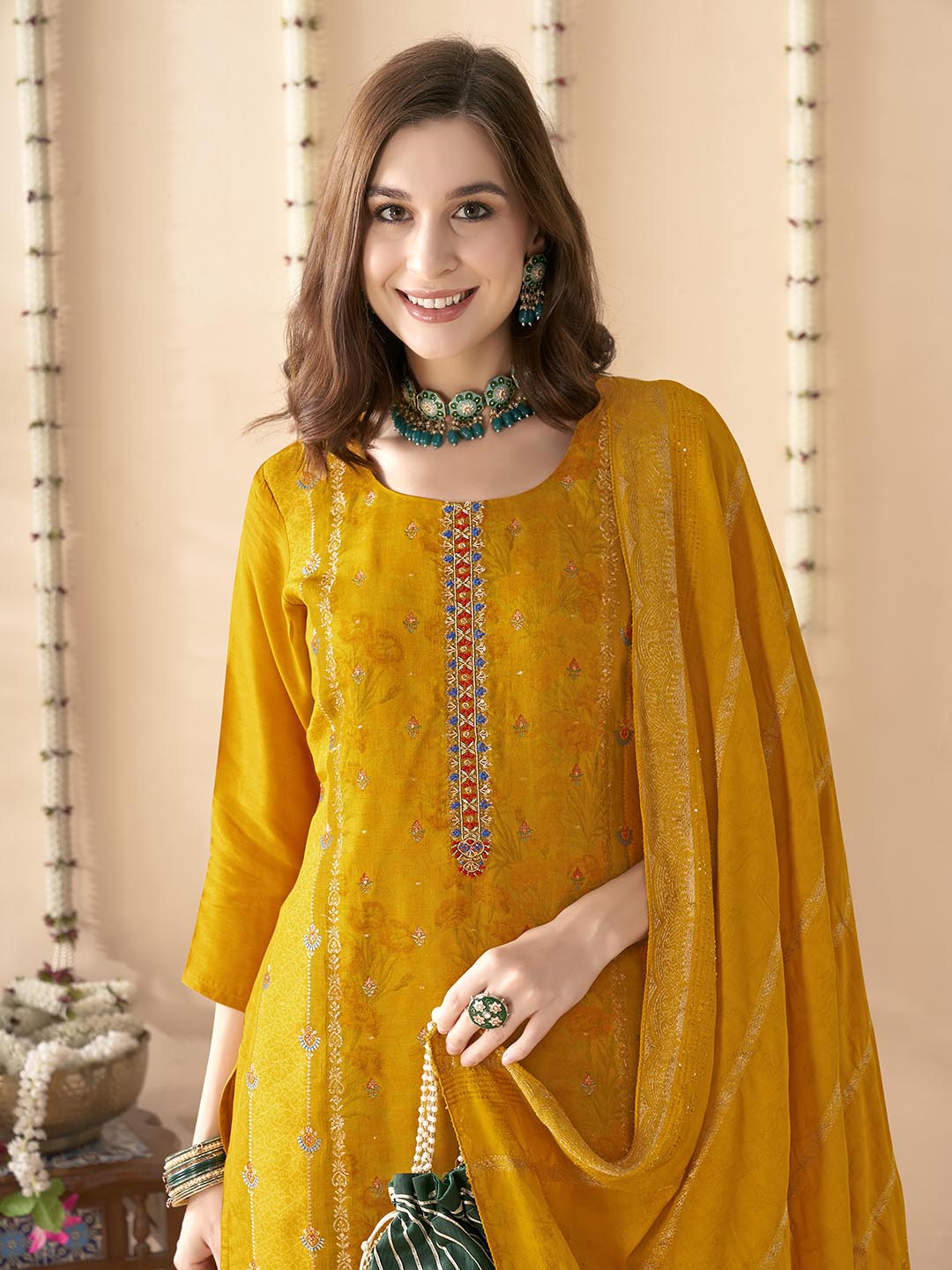 Embroidered Silk Kurta With Pant &amp; Dupatta