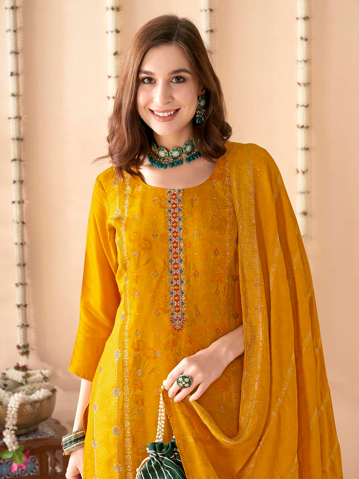 Embroidered Silk Kurta With Pant &amp; Dupatta
