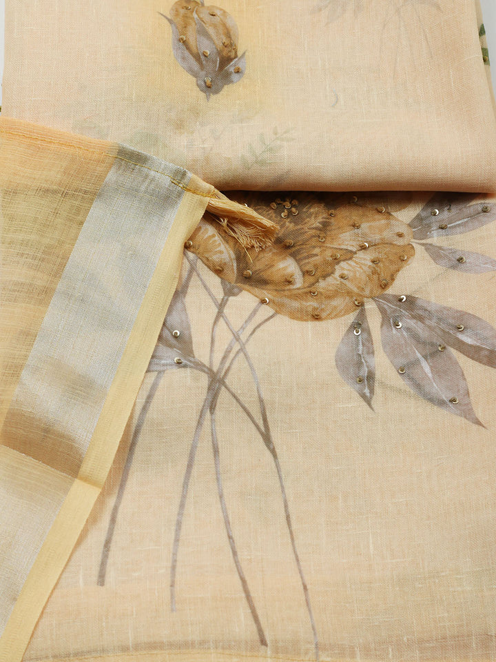Embroidered Linen Blend Unstitched Suit With Pant &amp; Dupatta