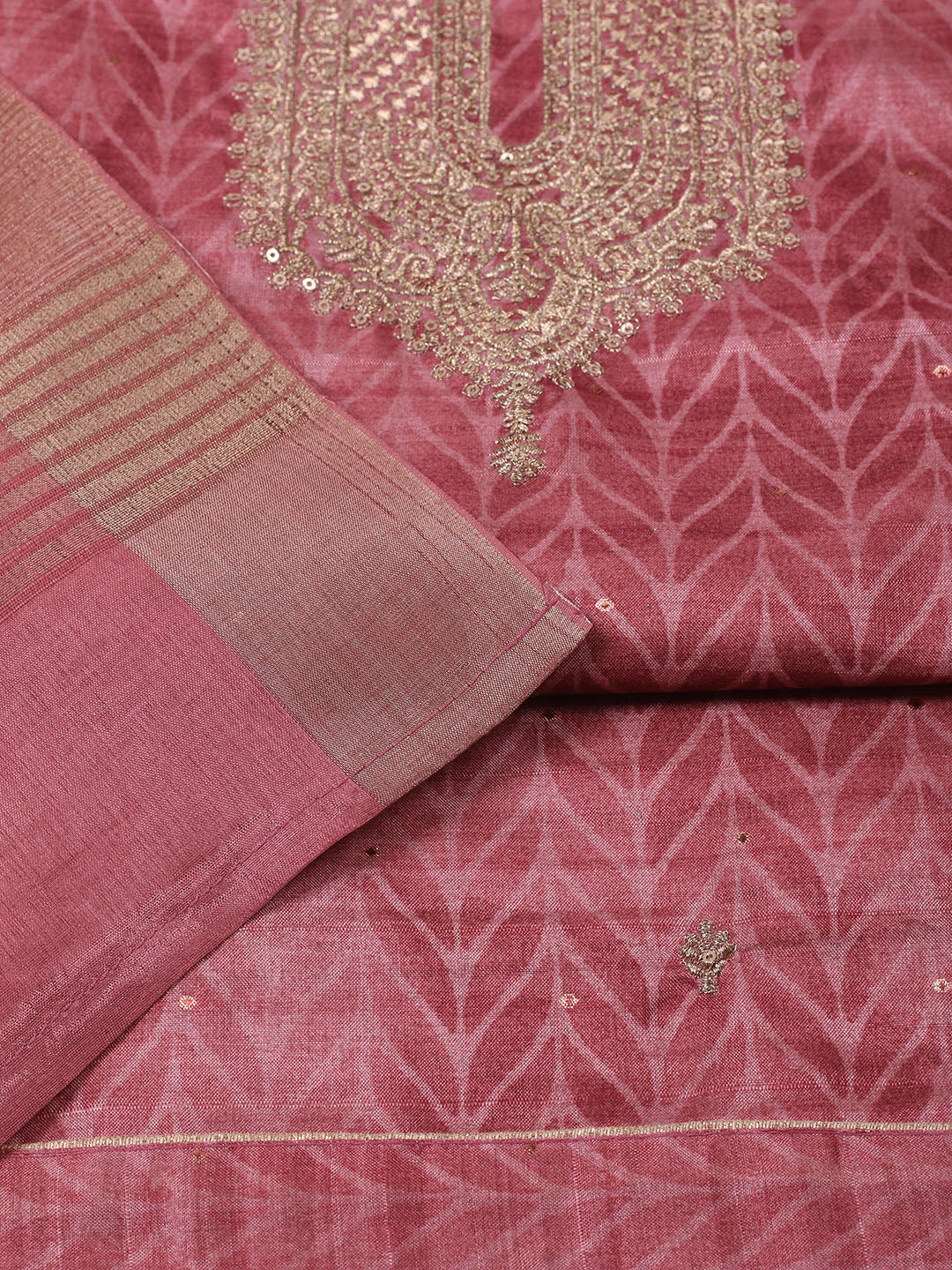 Embroidered Tussar Unstitched Kurta With Pant &amp; Dupatta