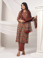 Printed Cotton Blend Kurta With Pants & Dupatta