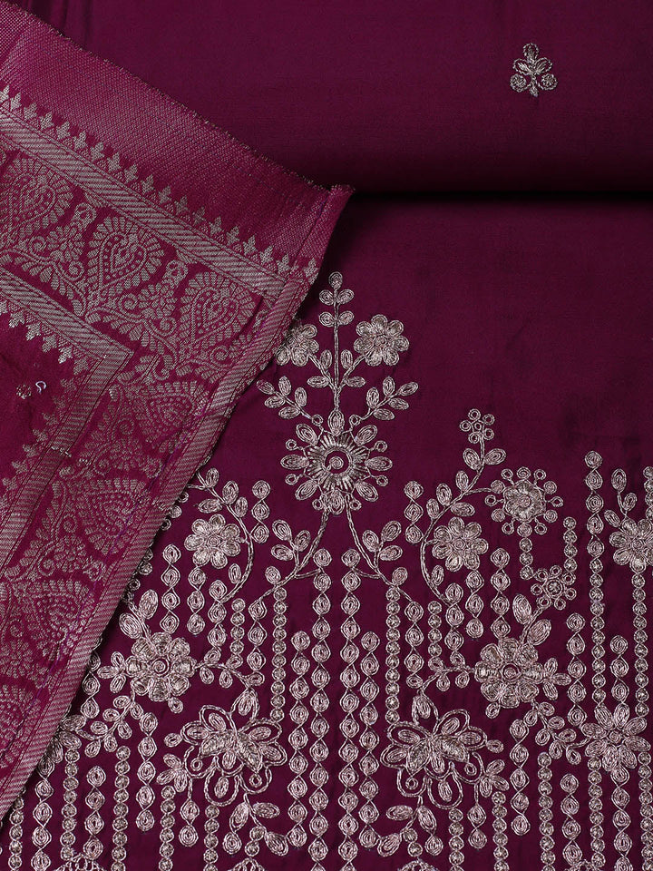 Embroidered Chanderi Unstitched Suit With Pant &amp; Dupatta
