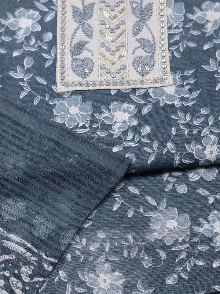 Printed Cotton Blend Unstitched Suit With Pant &amp; Dupatta