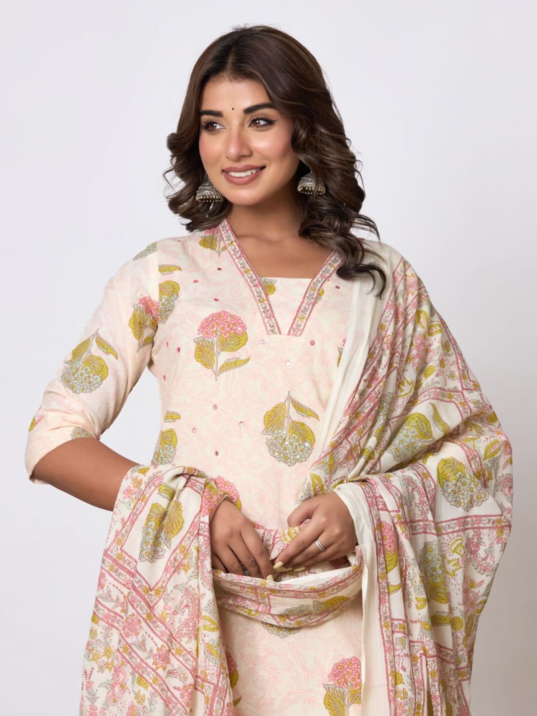 Printed Cotton Blend Kurta With Pants & Dupatta