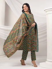 Printed Cotton Blend Kurta With Pants & Dupatta