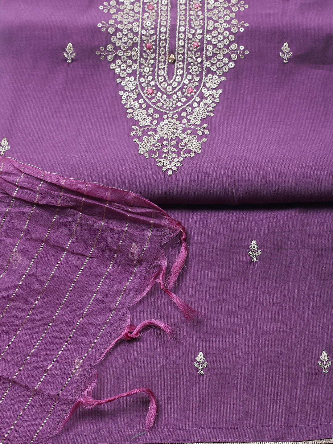 Embroidered Chanderi Unstitched Suit With Pant &amp; Dupatta