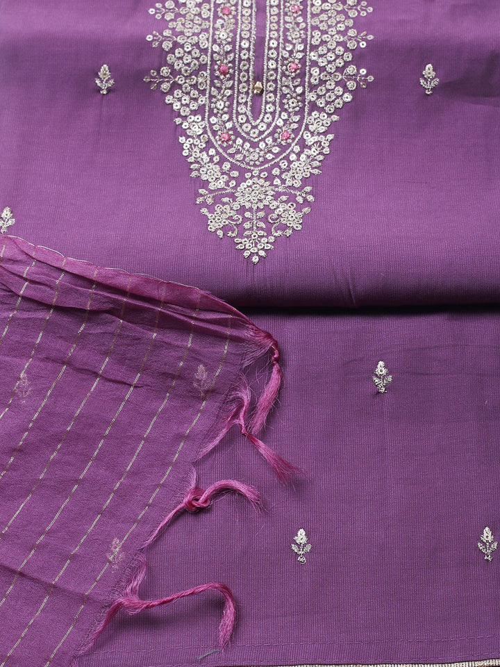 Embroidered Chanderi Unstitched Suit With Pant &amp; Dupatta
