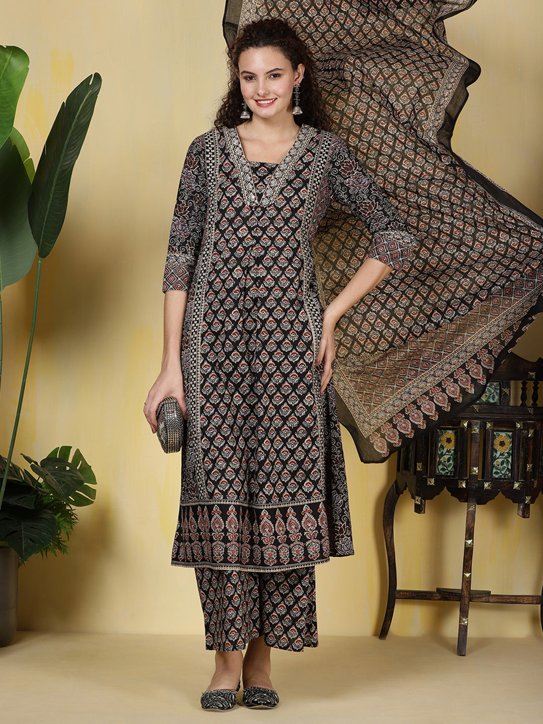 Printed Cotton Blend Kurta With Pants &amp; Dupatta
