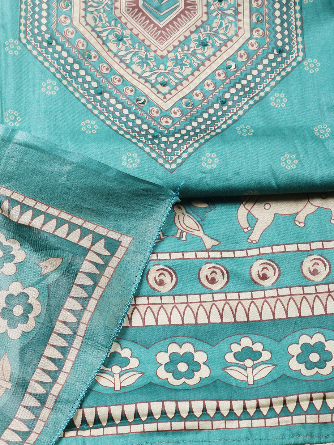 Printed Cotton Blend Unstitched Suit With Pant &amp; Dupatta