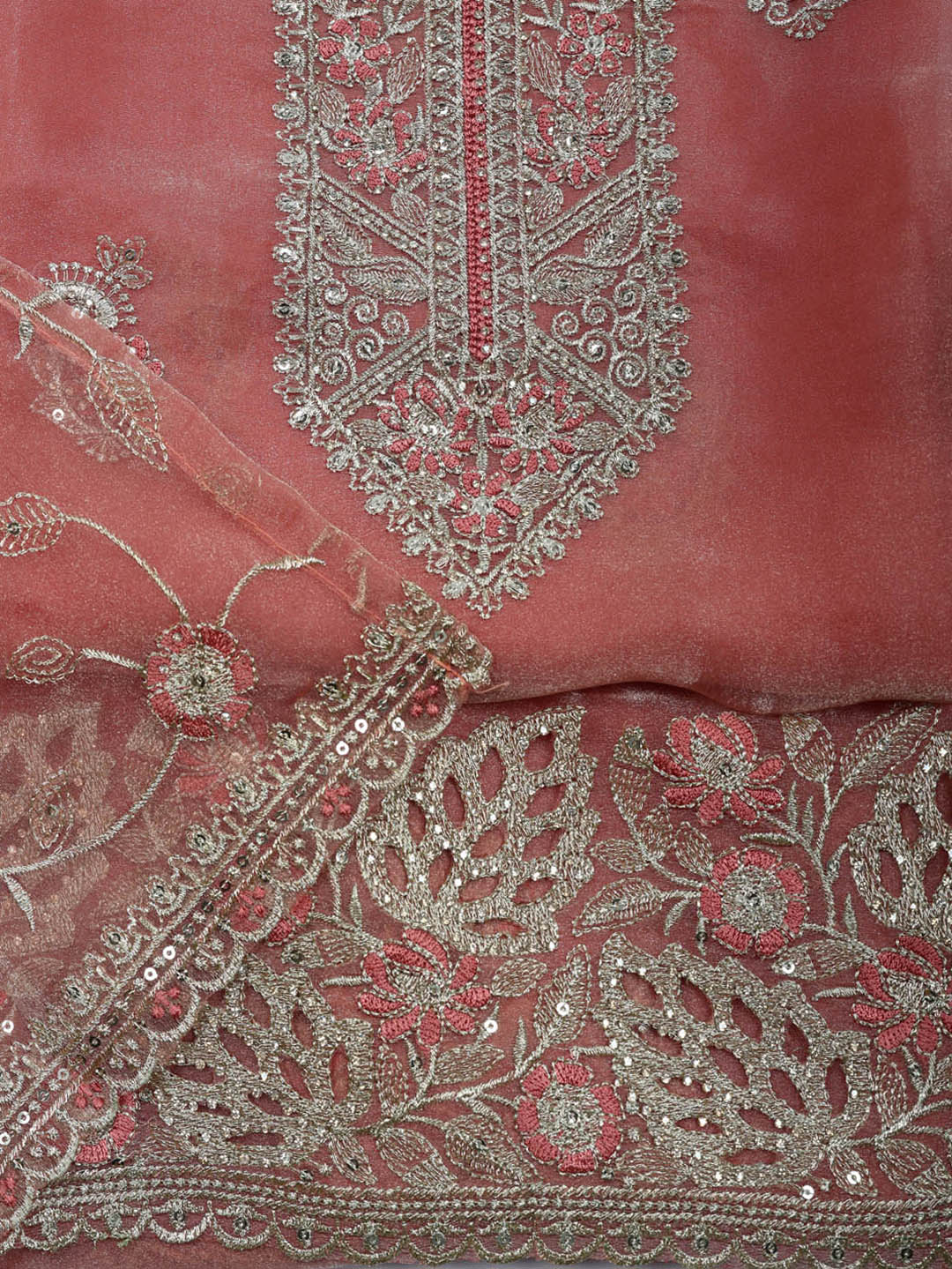 Embroidered Tissue Unstitched Suit With Pant &amp; Dupatta