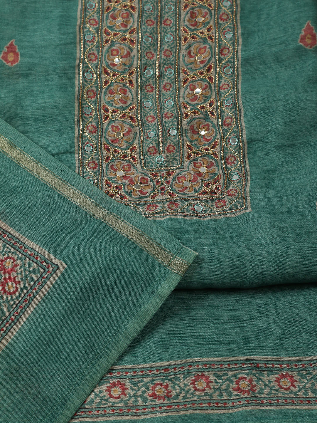 Printed Chanderi Unstitched Suit With Pant &amp; Dupatta