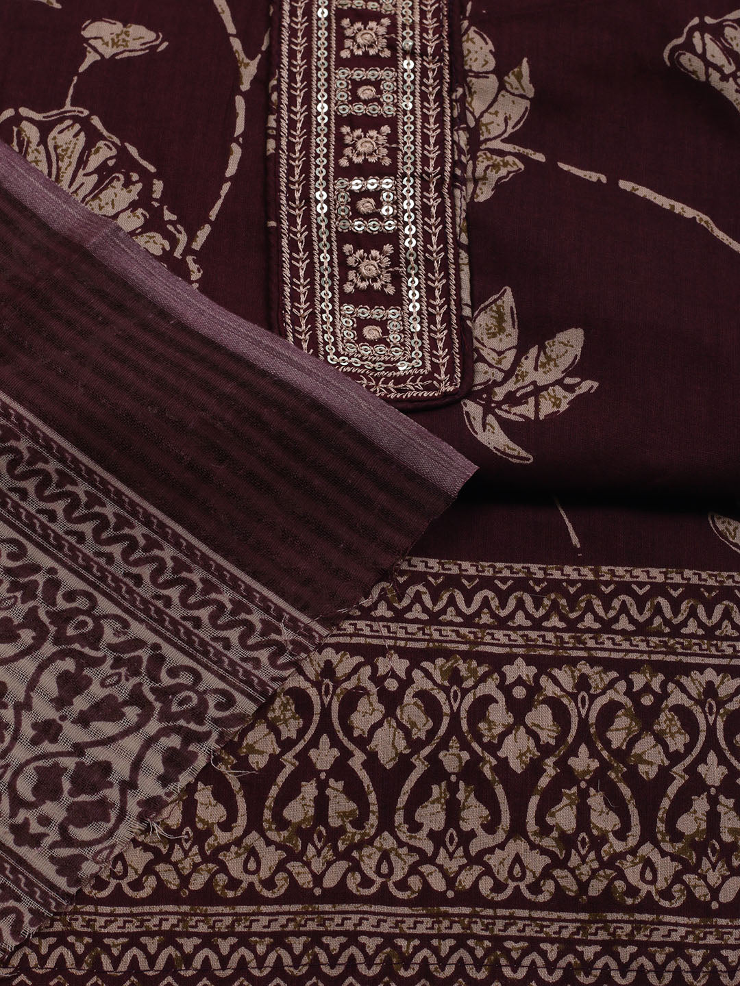 Patch Neck Cotton Blend Unstitched Suit With Dupatta