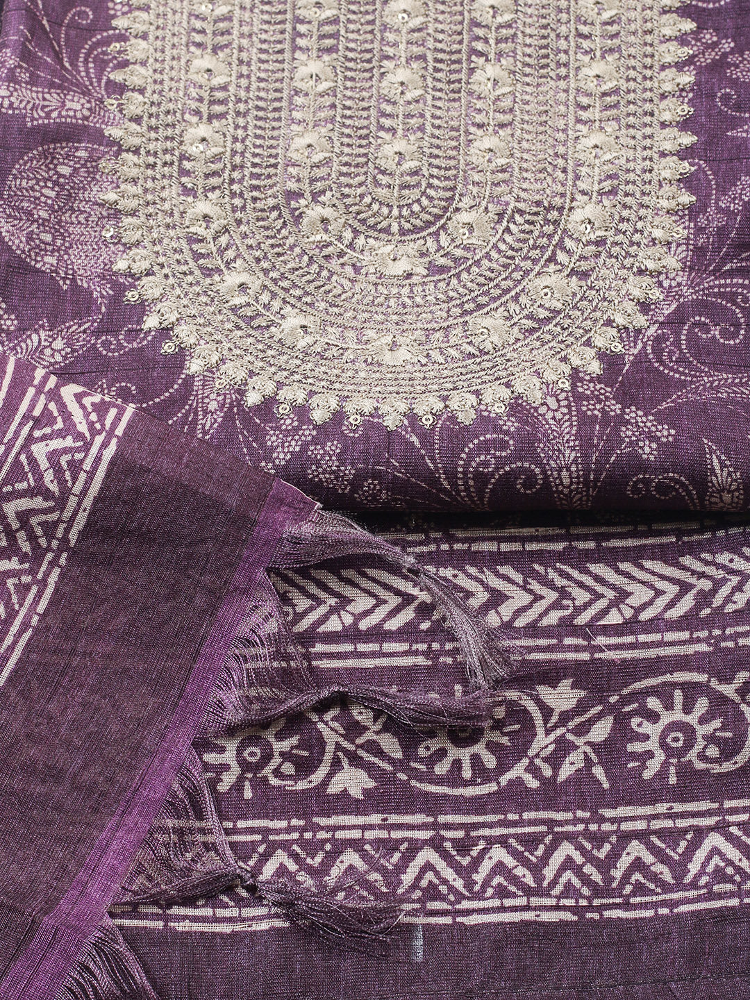 Embroidered Cotton Blend Unstitched Suit With Pant &amp; Dupatta