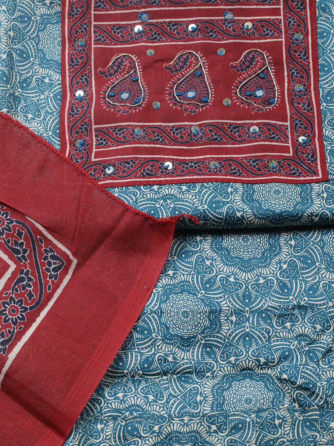 Printed Cotton Blend Unstitched Suit With Pant &amp; Dupatta