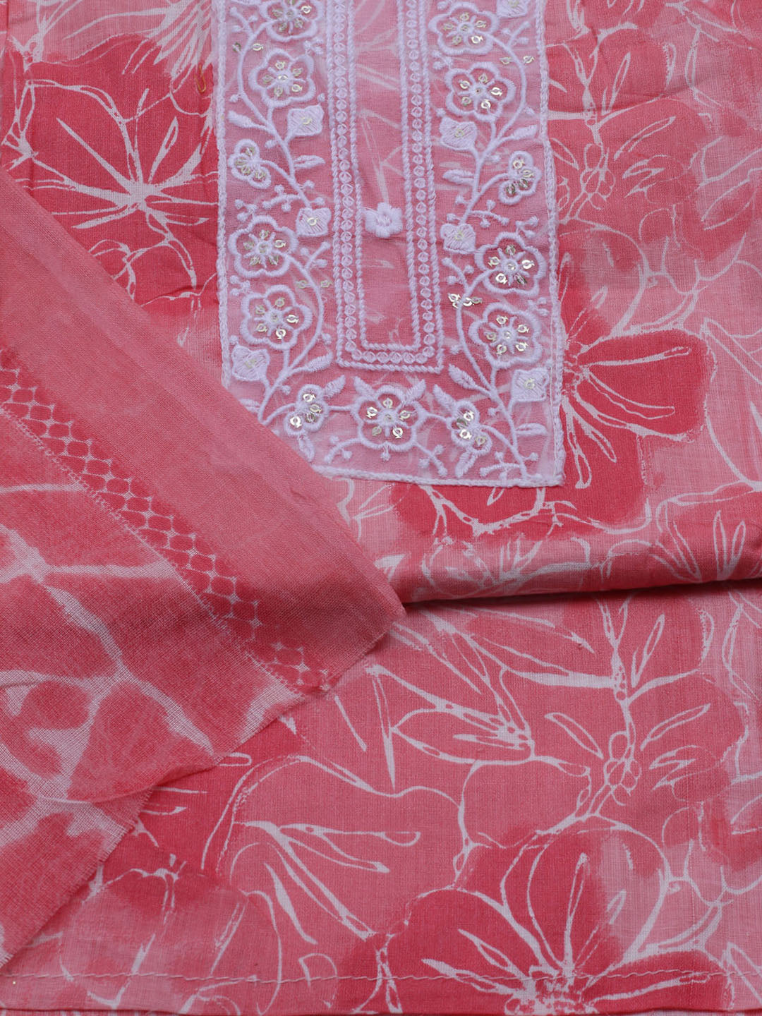 Patch Neck Cotton Blend Unstitched Suit With Dupatta