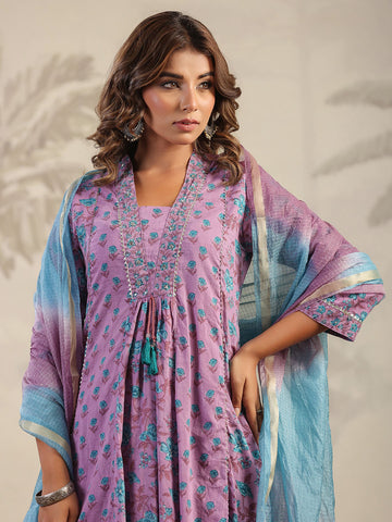 Digital Floral Printed Cotton Blend Kurta With Pants & Dupatta