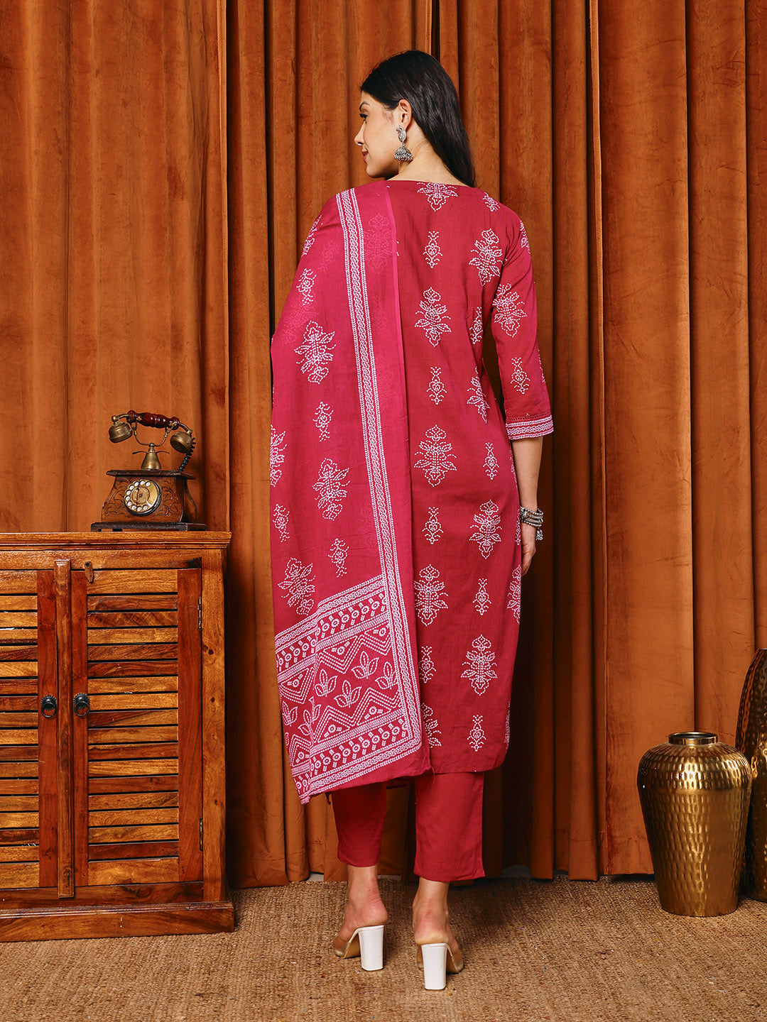 Printed Cotton Blend Kurta With Pants & Dupatta