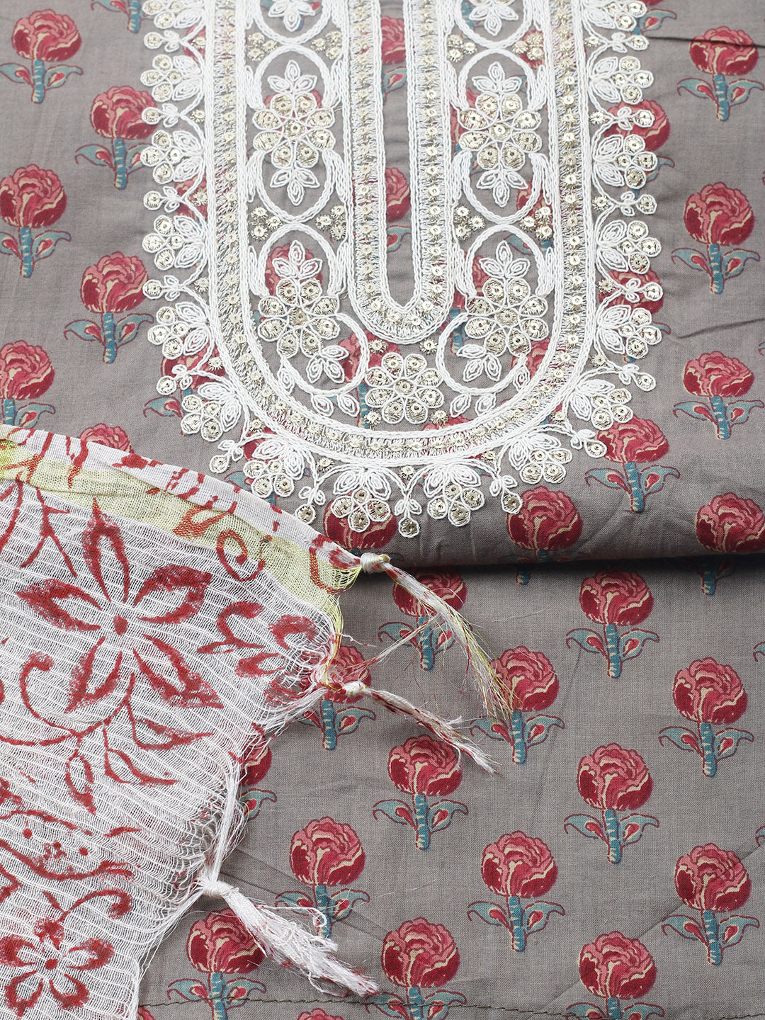 Printed Cotton Blend Unstitched Suit With Pant &amp; Dupatta