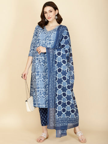 Floral Printed Cotton Suit Set with Dupatta