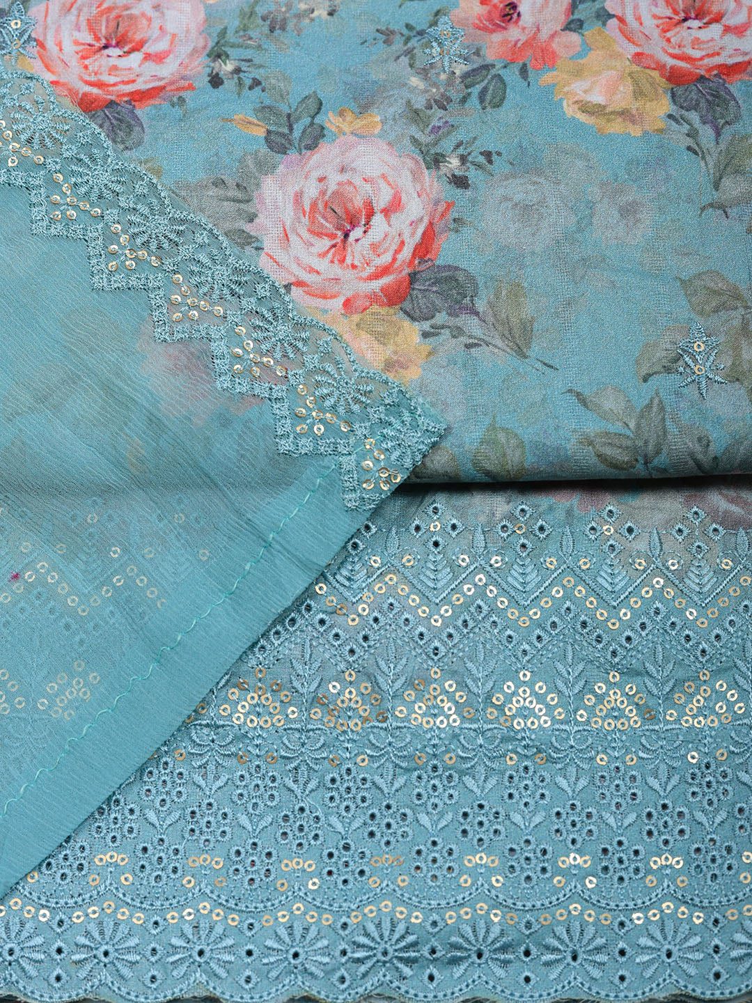 Embroidered Chanderi Unstitched Suit With Pant &amp; Dupatta