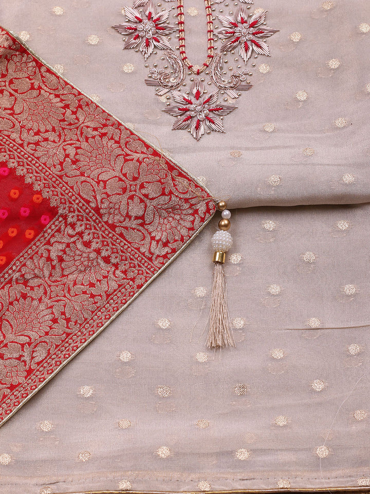 Embroidered Chanderi Unstitched Suit With Pant &amp; Dupatta