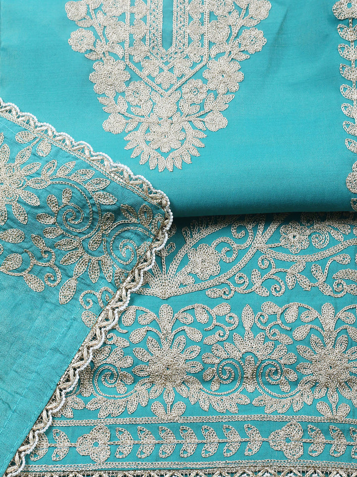 Embroidered Chanderi Unstitched Suit With Pant &amp; Dupatta
