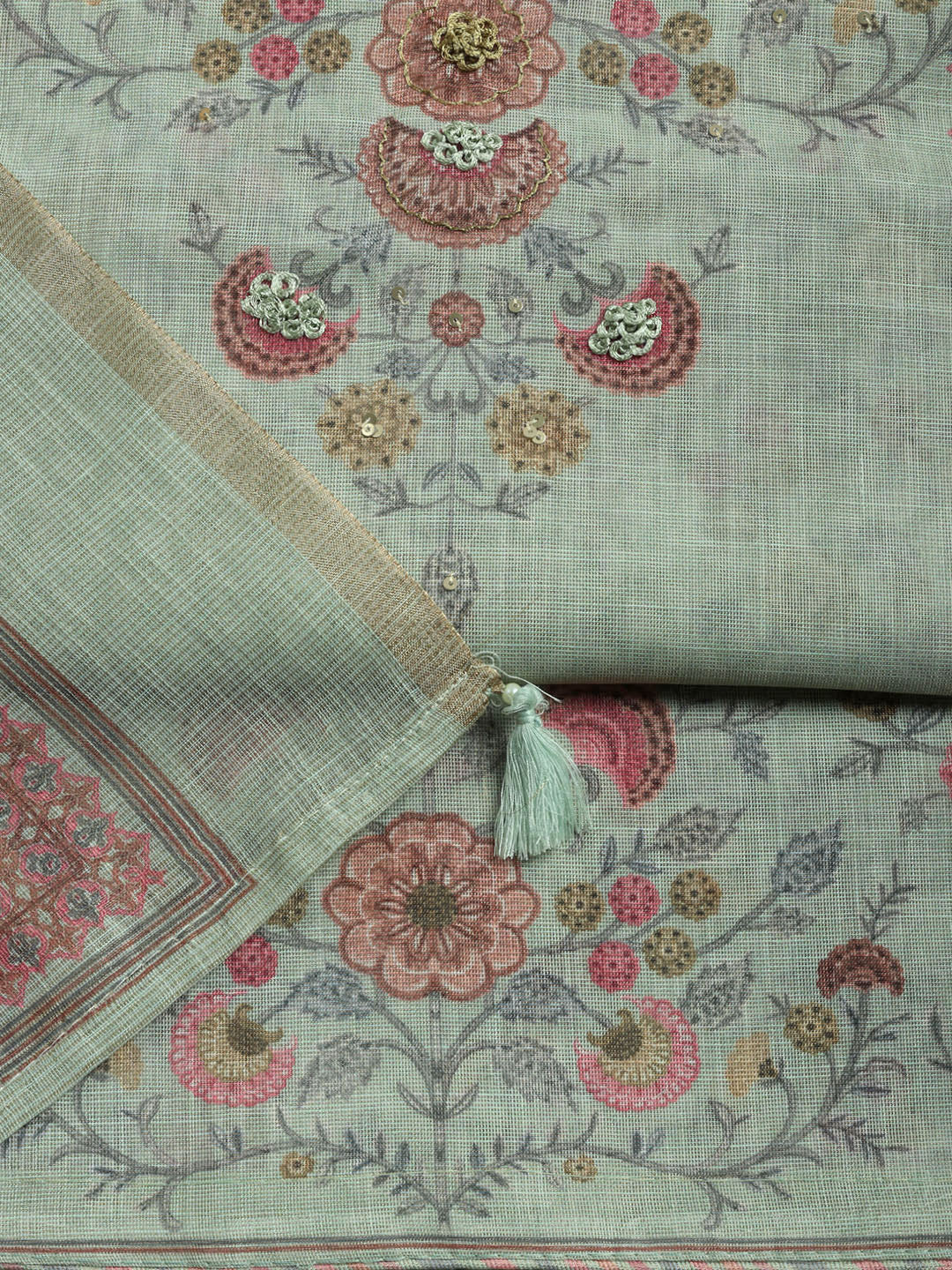 Printed Linen Blend Unstitched Suit With Pant &amp; Dupatta