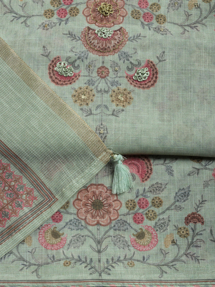 Printed Linen Blend Unstitched Suit With Pant &amp; Dupatta