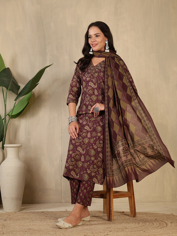 Printed Cotton Blend Suit With Pant &amp; Dupatta