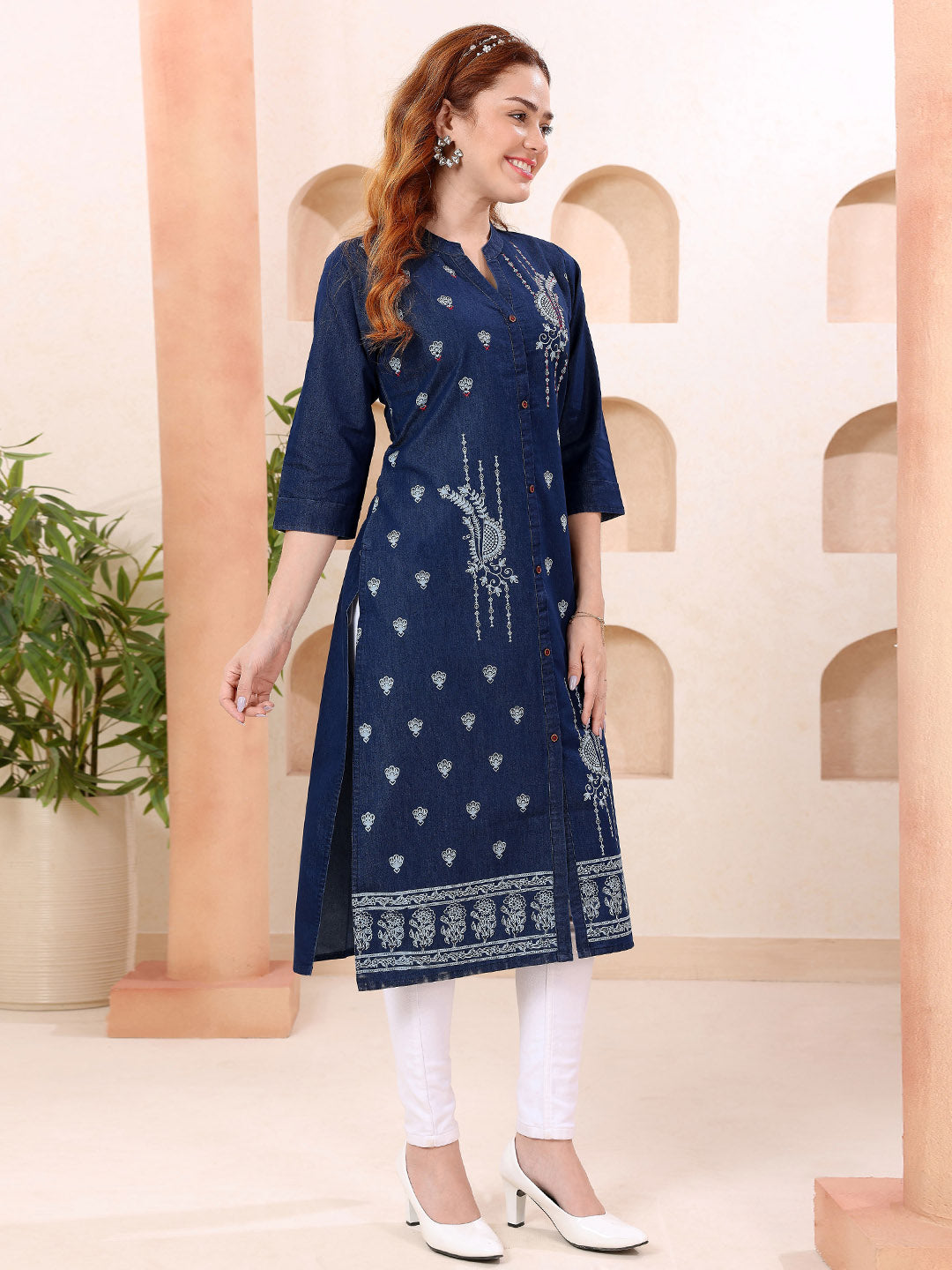 Neck Patti Embroidered Denim Kurta