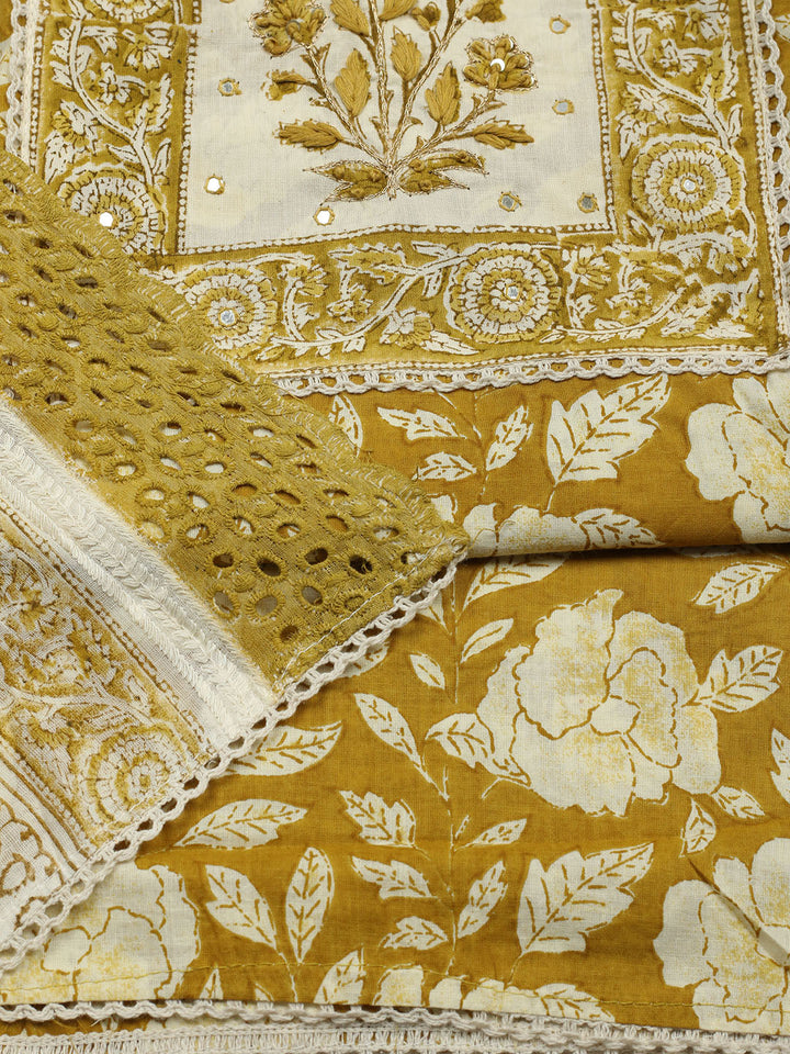 Printed Cotton Blend Unstitched Suit With Pant &amp; Dupatta