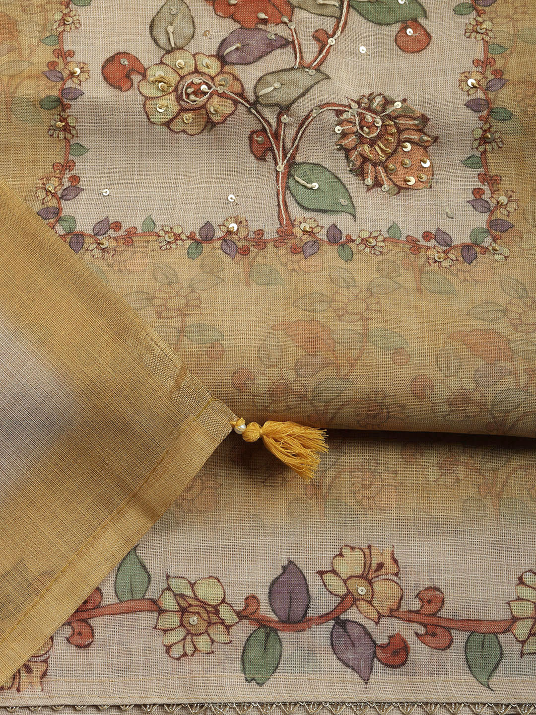Printed Linen Blend Unstitched Suit With Pant &amp; Dupatta