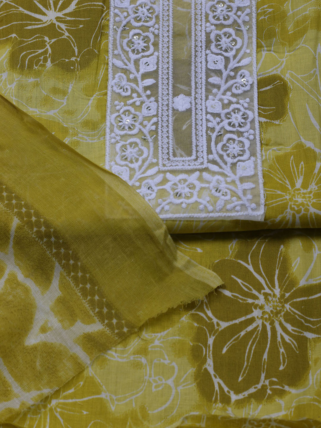 Patch Neck Cotton Blend Unstitched Suit With Dupatta