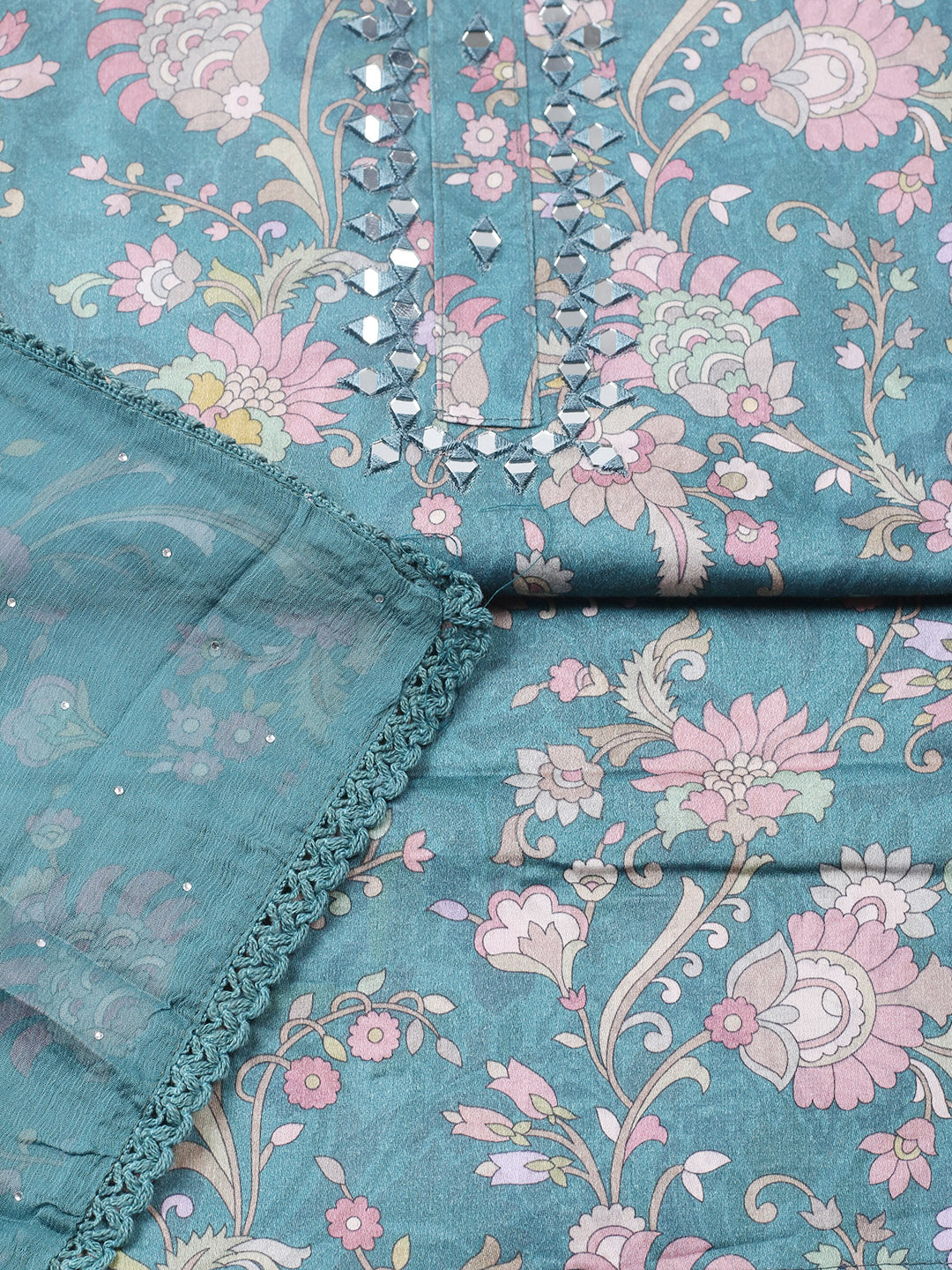 Embellished Cotton Blend Unstitched Suit With Pant &amp; Dupatta