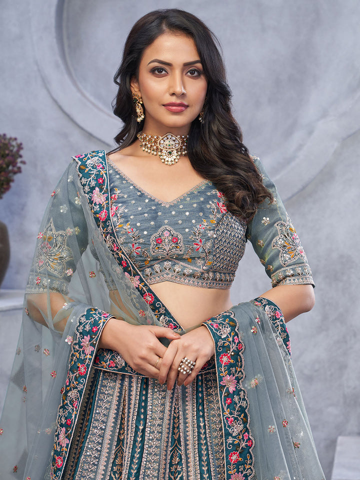 Resham Embroidery Tissue Unstitched Choli With Lehenga &amp; Dupatta