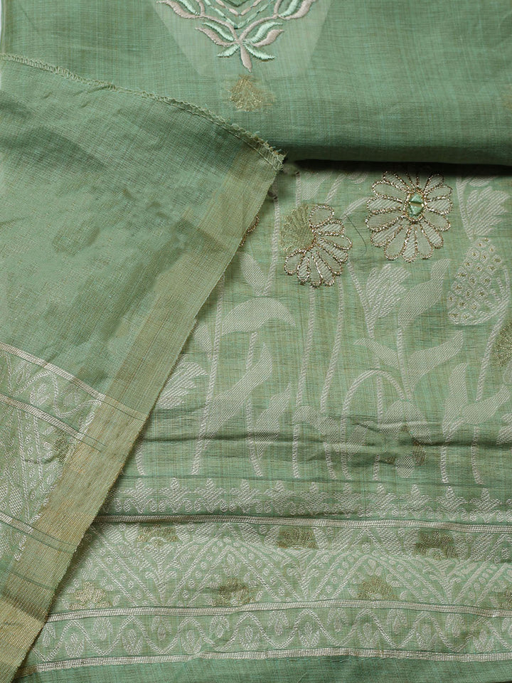 Embroidered Cotton Blend Unstitched Suit With Pant &amp; Dupatta