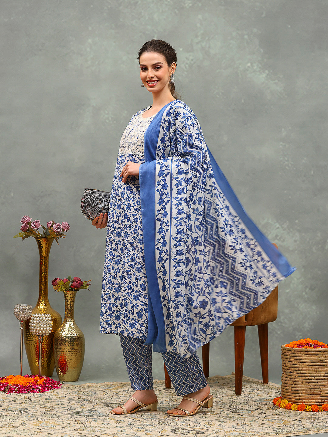 Printed Cotton Blend Kurta With Pants & Dupatta