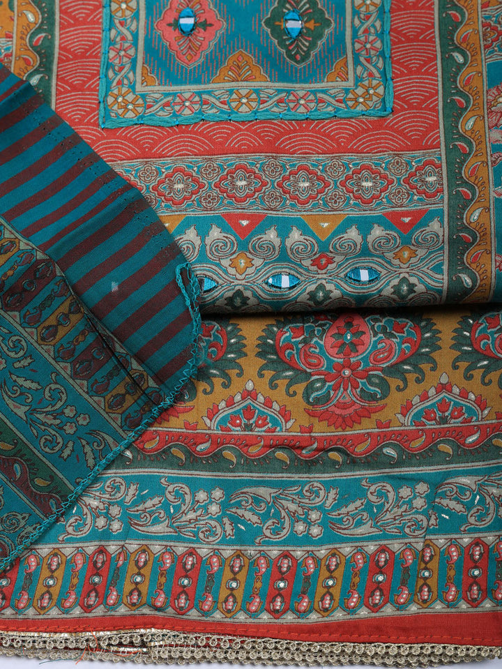 Printed Cotton Blend Unstitched Suit With Pant &amp; Dupatta