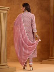 Printed Cotton Blend Kurta With Pants & Dupatta