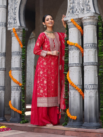 Woven Banarasi Kurti With Palazzo & Dupatta