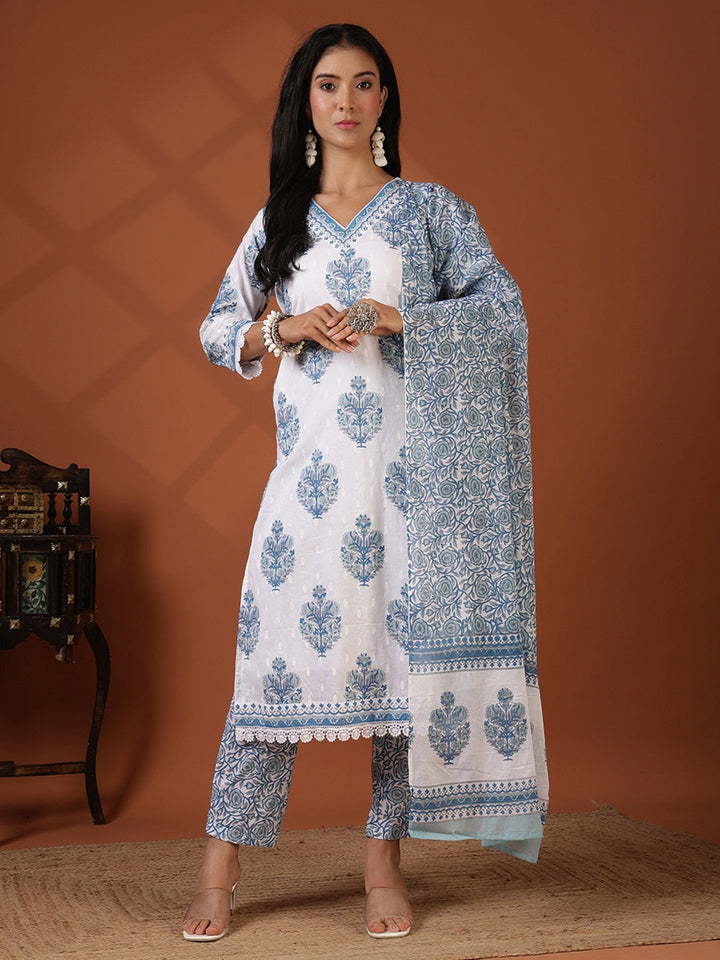 Printed Cotton Blend Kurta With Pant &amp; Dupatta